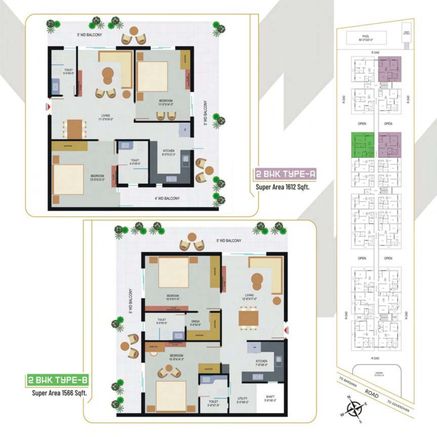 2 BHK Type A and B floor plan