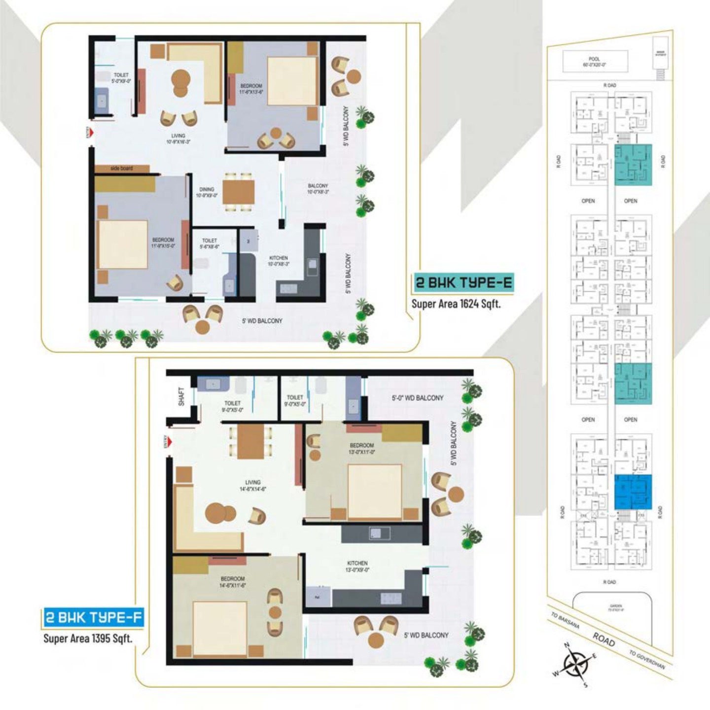 2 BHK Type E and F floor plan