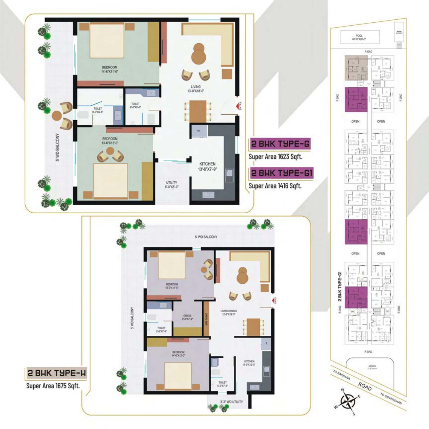 2 BHK Type G and H floor plan